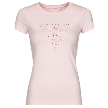 tekstylia Damskie T-shirty z krótkim rękawem Guess SS EYELET FLORAL LOGO R3 Różowy