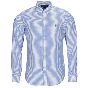 tekstylia Męskie Koszule z długim rękawem Polo Ralph Lauren CHEMISE AJUSTEE SLIM FIT EN LIN Niebieski / Biały