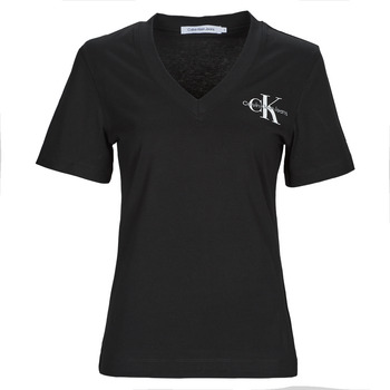 tekstylia Damskie T-shirty z krótkim rękawem Calvin Klein Jeans MONOLOGO SLIM V-NECK TEE Czarny