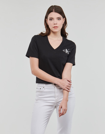 tekstylia Damskie T-shirty z krótkim rękawem Calvin Klein Jeans MONOLOGO SLIM V-NECK TEE Czarny