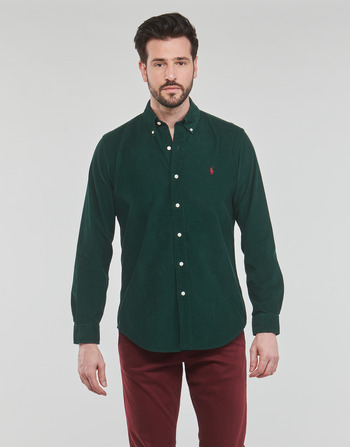 tekstylia Męskie Koszule z długim rękawem Polo Ralph Lauren CHEMISE COUPE DROITE EN VELOURS COTELE Zielony
