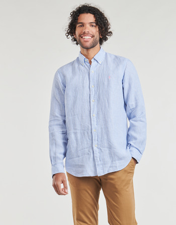 tekstylia Męskie Koszule z długim rękawem Polo Ralph Lauren CHEMISE COUPE DROITE EN LIN Niebieski / Biały / Niebieski / Biały