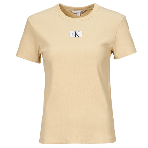 tekstylia Damskie T-shirty z krótkim rękawem Calvin Klein Jeans WOVEN LABEL RIB REGULAR TEE Beżowy