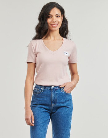 Calvin Klein Jeans WOVEN LABEL RIB V-NECK TEE Beżowy