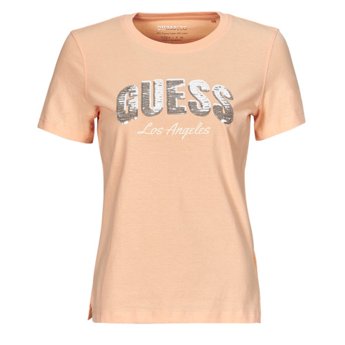 tekstylia Damskie T-shirty z krótkim rękawem Guess SEQUINS LOGO TEE Różowy