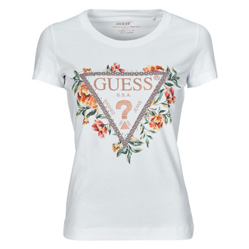 tekstylia Damskie T-shirty z krótkim rękawem Guess TRIANGLE FLOWERS Biały