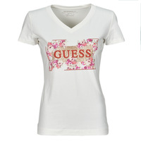 tekstylia Damskie T-shirty z krótkim rękawem Guess LOGO FLOWERS Biały