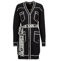 tekstylia Damskie Swetry rozpinane / Kardigany Karl Lagerfeld BRANDED BELTED CARDIGAN Czarny / Biały