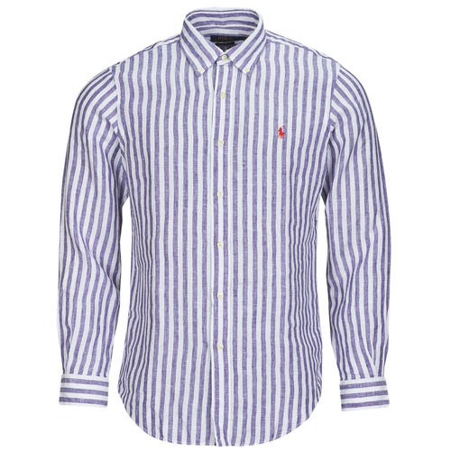 tekstylia Męskie Koszule z długim rękawem Polo Ralph Lauren CHEMISE COUPE DROITE EN LIN Marine / Biały