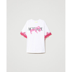 tekstylia Damskie T-shirty i Koszulki polo Twin Set T-SHIRT MYFO CON STAMPA LOGO E PIZZO Art. 231AQ2014 